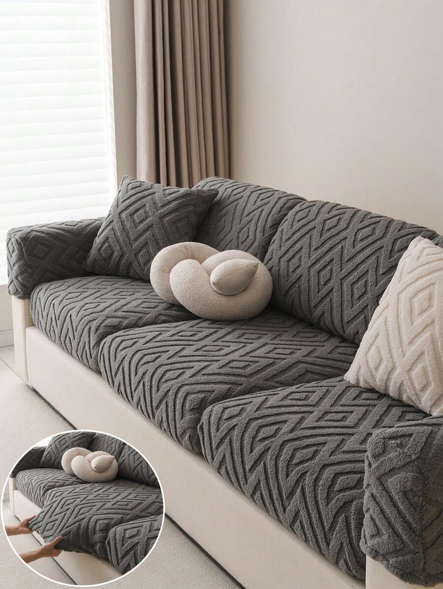 1pc Winter Thick Plush Jacquard Nonslip Sofa Seat Cushion Cover, Simple Modern Soft Skin-Friendly Pet-Proof Elastic Sofa Slipcover, Autumn/Winter Pet Semi-Covered Sofa Seat Pad, Anti-Cat Scratch Sofa Skirt Fit For L-Shaped Combination Sofa And 1/2/3/4 Seater Sofa (Sold Individually) - Dark Grey - View 1
