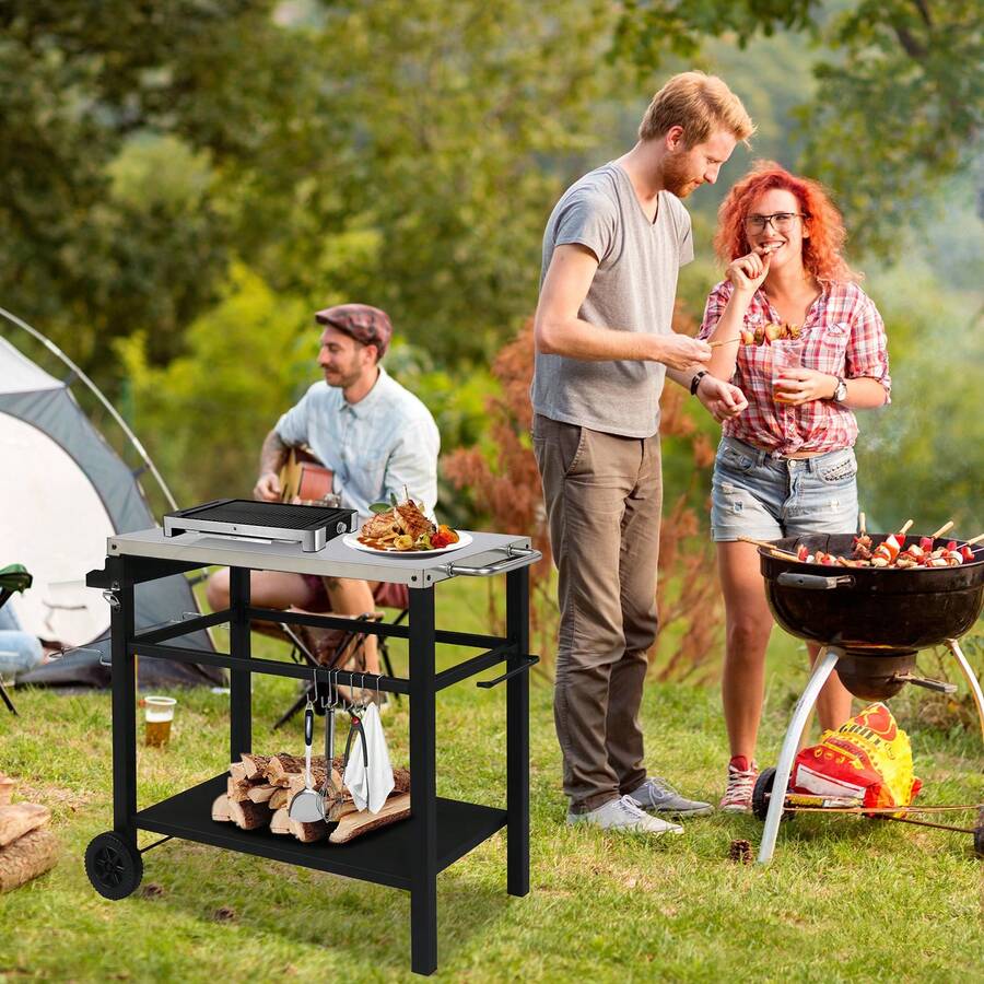 Stainless Steel Flattop Grill Cart With Two Wheels, Movable BBQ Trolley