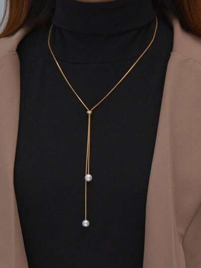 1 pieza Collar de cadena ajustable con forma de Y y perlas simuladas, elegante para que las mujeres lo usen con suéteres en otoño/invierno