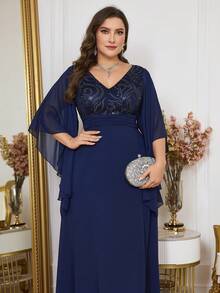 Plus Size V-Neck Flare Sleeve Sequin Patchwork Evening Dress (Heavily Embellished), Semi Formal Prom Dress, For Birthday, Wedding Guest, Graduation Homecoming, Party Dress