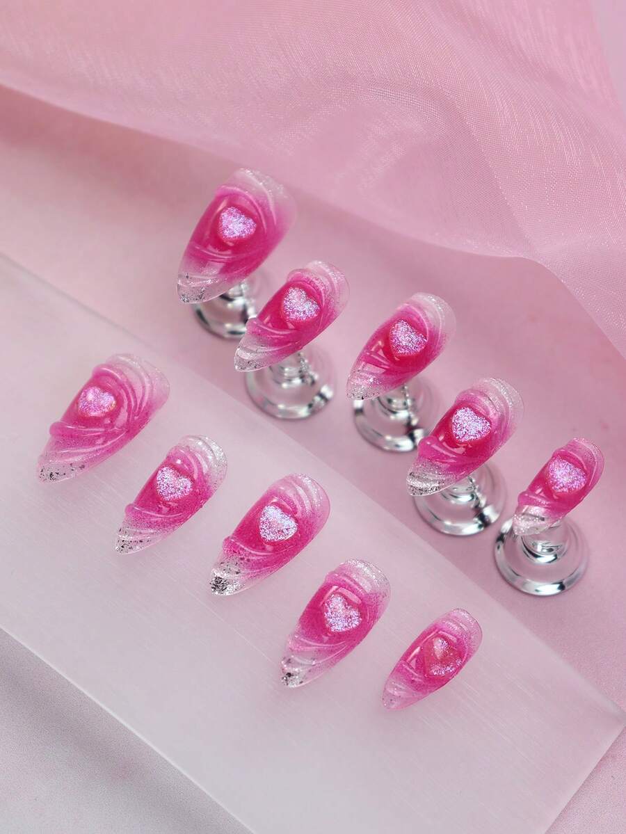 Nâng tầm phong cách của bạn với 10 bộ móng tay giả hình quả hạnh nhân làm thủ công thanh lịch lãng mạn chuyển màu hồng lấp lánh trái tim Boho che phủ toàn bộ phong cách Hàn Quốc Y2K 3d trang trí ba chiều đường viền vỏ sò thanh lịch che phủ toàn bộ bộ móng tay bằng acrylic dùng để dán hàng ngày cho phụ nữ và trẻ em gái & 1 dũa móng tay mini & 1 tờ keo dán - Màu Hồng  San hô - Xem 1