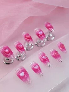 Nâng tầm phong cách của bạn với 10 bộ móng tay giả hình quả hạnh nhân làm thủ công thanh lịch lãng mạn chuyển màu hồng lấp lánh trái tim Boho che phủ toàn bộ phong cách Hàn Quốc Y2K 3d trang trí ba chiều đường viền vỏ sò thanh lịch che phủ toàn bộ bộ móng tay bằng acrylic dùng để dán hàng ngày cho phụ nữ và trẻ em gái & 1 dũa móng tay mini & 1 tờ keo dán - Màu Hồng  San hô - Xem 4
