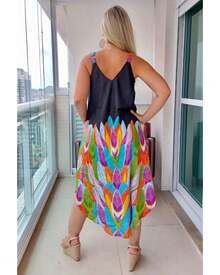 Vestido Feminino Indiano Alça c/ Regulagem e Bolso Trapézio Plus Size-Cod.1778 - Preto - Visão 2