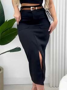 Long Midi Skirt With Belt: Elegance And Versatility For Any Occasion! - 黑色 - 查看 1