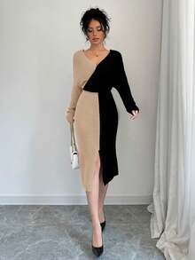 Joy Knit Fashionable Spring Knitted Sweater Dress - Deep V-Neck Color Block Batwing Sleeve Long Sleeve Knitted Sweater Dress - Khaki - View 4