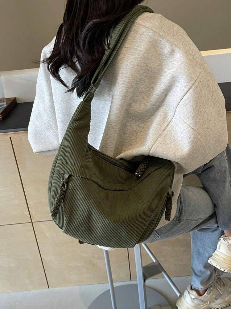 1 件橄榄绿丝绒新月设计可折叠轻便多口袋拉链封口斜挎包，休闲通勤运动学院风单肩手提包，适合秋冬季 - 墨綠色 - 查看 4