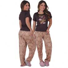 Virginia Short Sleeve Plush Suede Pajamas - Brown - View 1