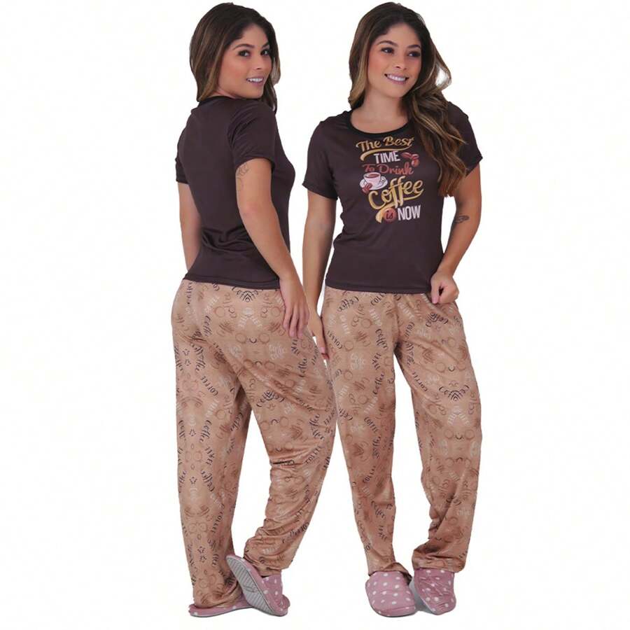 Virginia Short Sleeve Plush Suede Pajamas - Brown - View 1