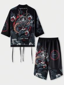 Męski jesienny zestaw kimono z grafiką Dragon do noszenia w domu