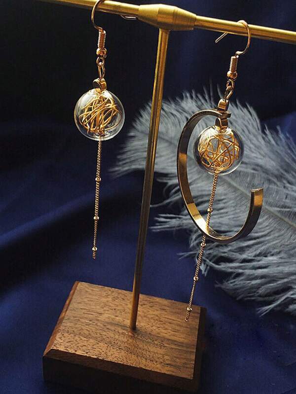 2 Pcs Original Charming Hollow Glass Ball With Copper Wire Asymmetrical Drop Earrings For Women Daily Wear