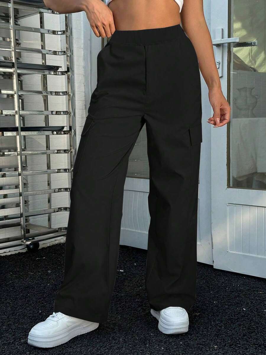 1pc Tween Girls Casual Loose Straight Multi-Pocket Cargo Pants, Suitable For Spring, Summer, Autumn And Winter - Black - View 1