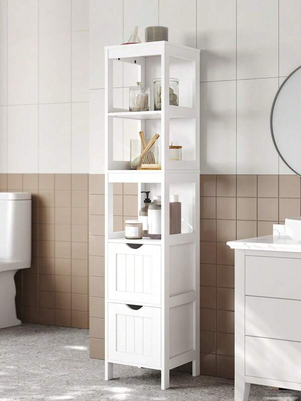 VASAGLE Badezimmerschrank, Schrank freistehend, Badezimmermöbel, mit 2 Schubladen, offenen Fächern, für Badezimmer, Wohnzimmer, Küche, modern, weiß