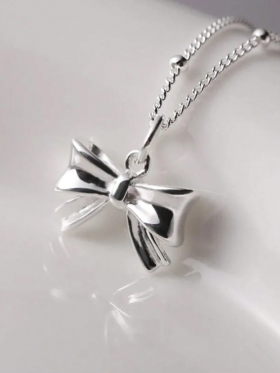 1 件轻奢简约优雅圆珠蝴蝶结吊坠女士项链宴会派对日常佩戴礼物 - 銀色 - 查看 1