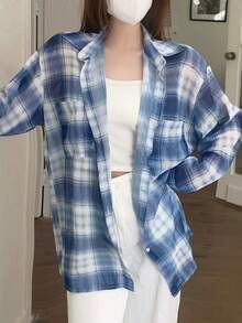 1 件女式长袖格子前扣简约衬衫，随机剪裁 - 藍色 - 查看 2