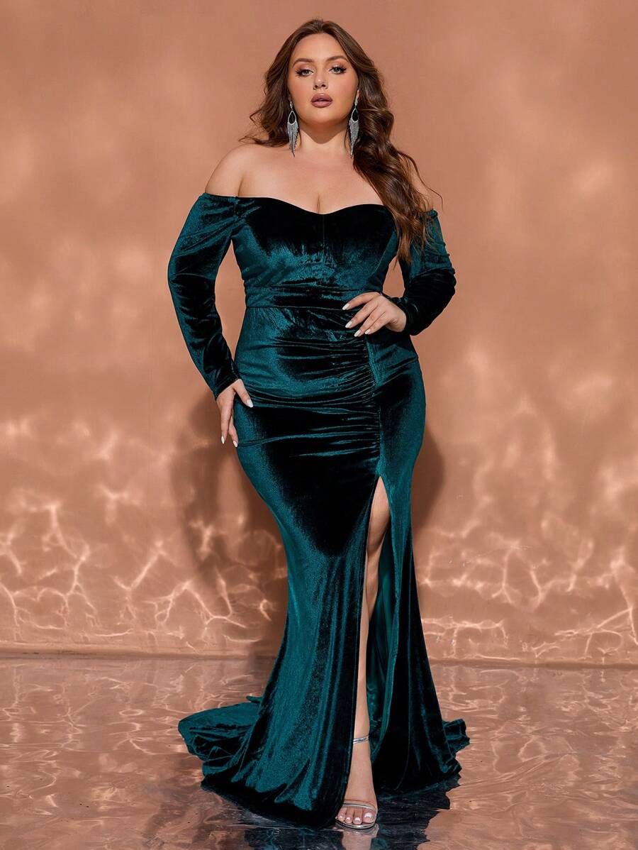 فستان سهرة طويل بأكمام طويلة وواحد الكتف من القطيفة الخضراء مقاس كبير، فستان سهرة رسمي أنيق للحفلات والتخرج والعشاء