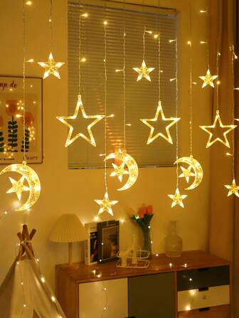 1PC 2024 New LED Curtain Lights, Star And Moon Lights, Bedroom And Room Decoration Lights, Ramadan Festival Lighting, Suitable For Home Holiday Shop Window Decoration, Suitable For Birthday Gifts, New Year's, Valentine's Day Decoration, And Holiday Atmosphere Lights