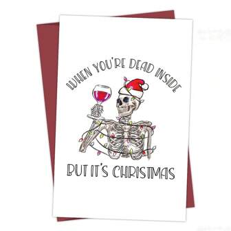 1 张有趣的圣诞骷髅卡，个性化“Dead Inside”纸卡，带信封，幽默的圣诞老人和骷髅设计，给家人和朋友的节日祝福，返校，学校用品