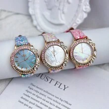 EA 1 chiếc đồng hồ thạch anh sang trọng hình bầu trời đầy sao bằng vàng hồng dành cho nữ, dây da nhỏ đính kim cương tự nhiên, chống thấm nước, hộp đựng quà tặng, hoàn hảo cho bạn gái, quà tặng Giáng sinh, quà tặng cho mẹ - Hoa hồng vàng - Xem 1