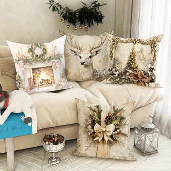 أغطية وسائد الزينة الناعمة بتصميم سانتا كلوز وشجرة عيد الميلاد والأيائل بالذهبية والبيضاء المريحة الناعمة، مطبوعة على جانب واحد لديكور غرف المعيشة والنوم والأريكة والسرير في فصل الشتاء وعيد الميلاد، بدون إدراج الوسادة
