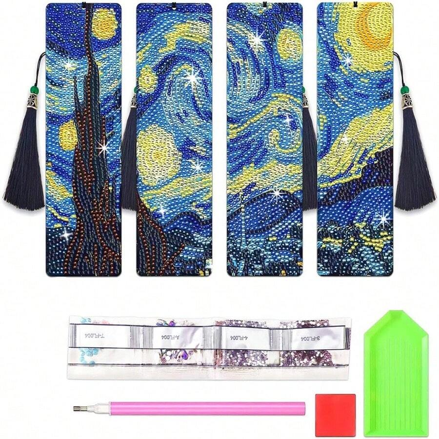 4 Pcs Diamond Art Bookmarks Gogh Starry Night Diamond Painting Acrylic Bookmarks DIY Tassel Bookmarks Suitable For Reading Love Gift Reader Crafts Lovers - Multicolor - View 1