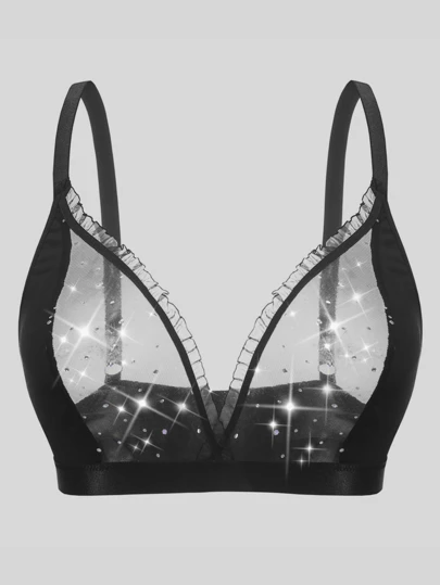 Plus Size Women Sparkle Trim Ruffle Sexy Lingerie Bra For Rave
