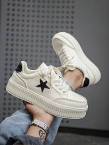 男女时尚星星图案系带高帮运动鞋，滑板户外防滑休闲鞋 - 米黑 - 查看 6