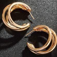 1 对极简主义风格 C 形多层小巧金属几何耳钉 - 金黃色 - 查看 2