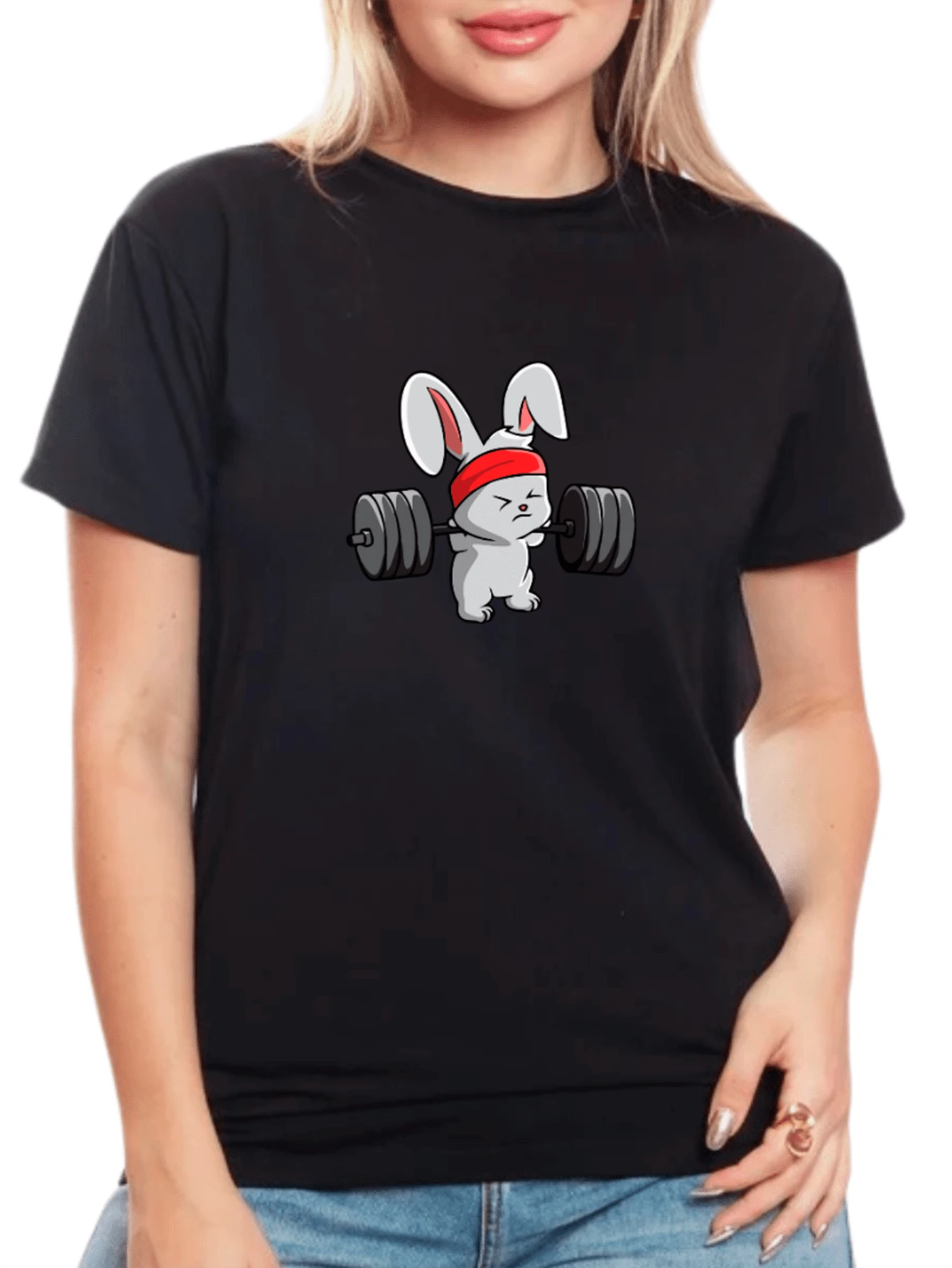 Women's Baby Look Rabbit T-Shirt Going To The Gym - Tumblr Style / NEW RELEASE - 黑色 - 查看 1