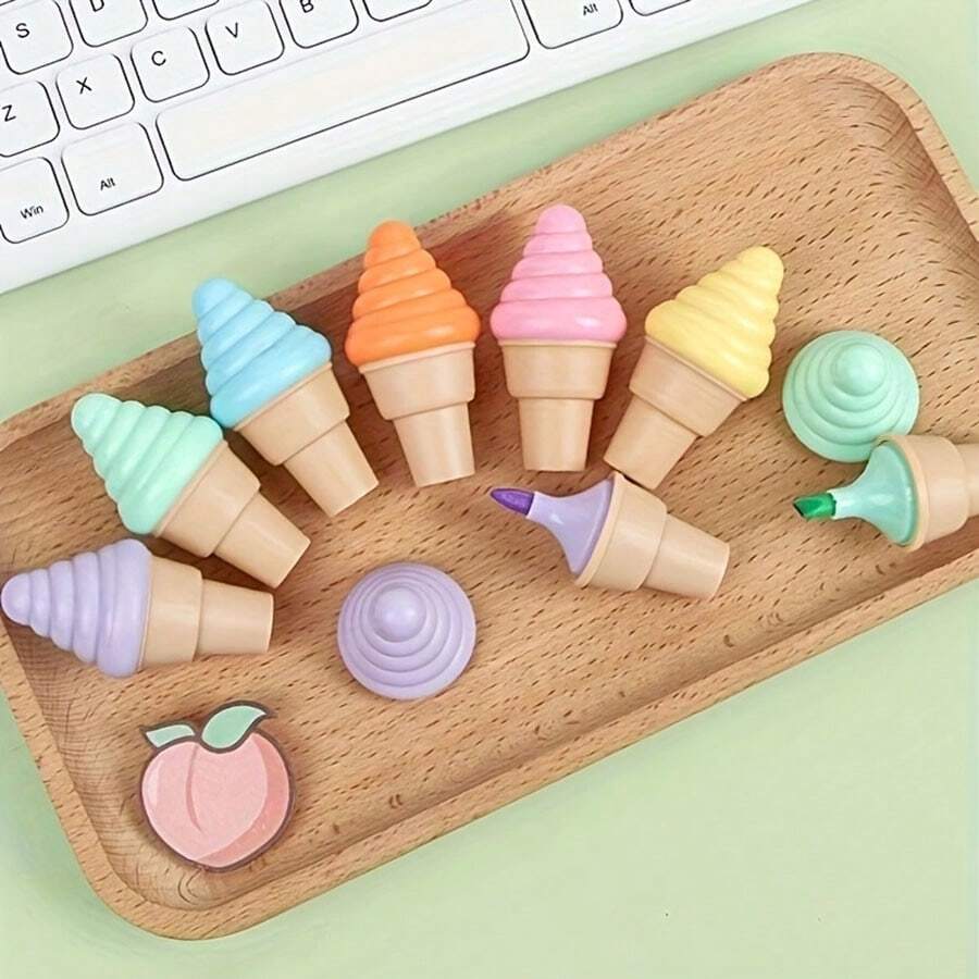 6pcs/Set Creative Cartoon Ice Cream Shaped Fluorescent Highlighter Pens, Portable Mini Marker Pen, Ice Cream Diary Pen, Suitable For Students, Back To School, School Supplies, Cute Stationery, Colored Writing, Stationery, Pens, Colorful Marker Pens, Christmas Small Gift, Bag Size Around 8.4cm X 10.4cm (Assorted Styles In The Picture) - Multicolor - View 1