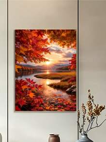 1 Stück Herbst Sonnenuntergang Landschaft 5D DIY Diamant Malerei Set, Volle Bohre Rund Acryl Diamant Stickerei Kunsthandwerk, Mosaik Wandkunst Dekoration, Landschafts Thema, funkelnde perfekte Ausführung