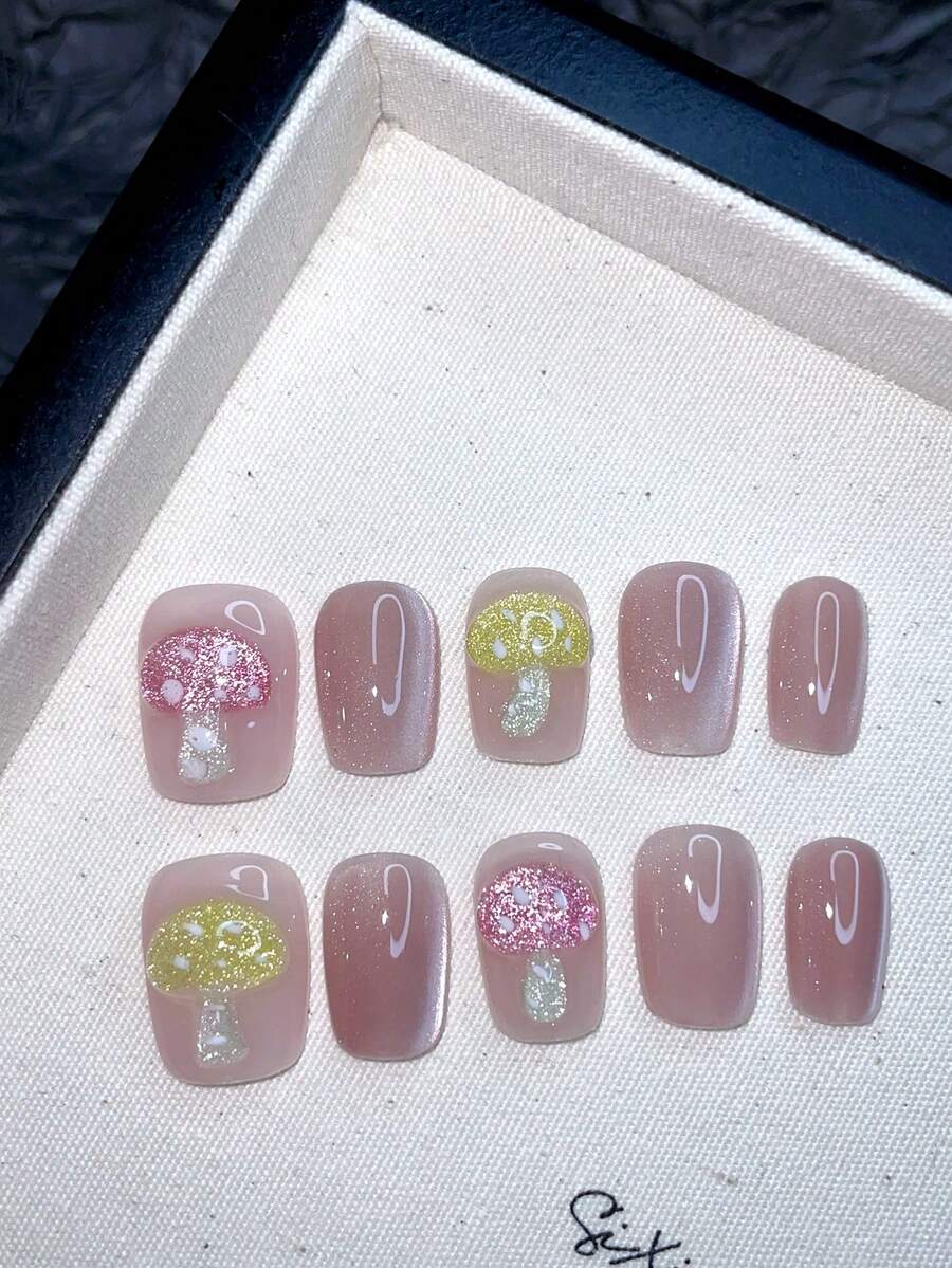 10 Mẫu Móng Tay Đeo Làm Bằng Tay Móng Tay Mắt Mèo Màu Hồng Dễ Thương Keo Dán 3D Nấm Ba Chiều Nhào Trộn Video Hoạt Hình Ngắn Dễ Thương Sản Phẩm Mới Cho Các Cô Gái Đeo Nhiều Lần