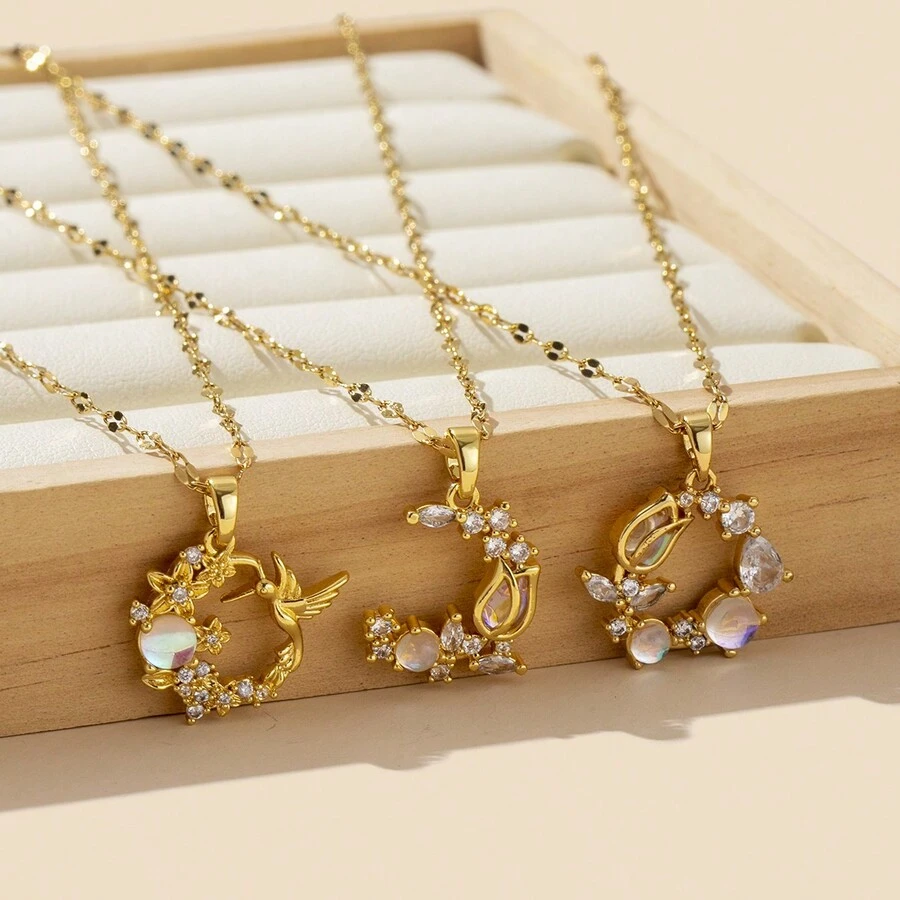 1 件精美铜镶嵌锆石电镀 18k 金花朵吊坠项链适合女性日常佩戴和时尚珠宝配饰作为送给朋友的礼物 - 金黃色 - 查看 1