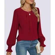 Women's Blouses Tops Dressy Long Sleeve Ruffle Shirt Fall Travel Outfits Business Casual Elegant Tops Hide Tummy Burgundy - 酒紅色 - 查看 4