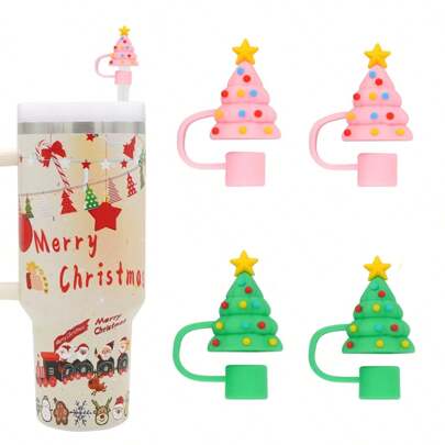 1pc/2pcs/4pcs 10mm Silicone Christmas Tree Straw Lids, Large Drinking Straw Dust Plugs, Fit For 30oz & 40oz Tumblers, Wedding Party Cups Decor Accessories, Christmas Gifts