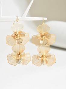 1 对时尚双层花卉吊坠耳环，设计夸张，女士长款花卉耳环，适合日常佩戴 - 金色 - 查看 2