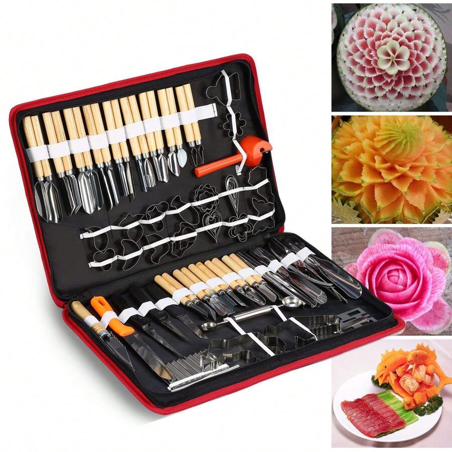 80PCS Culinary Carving Tool Set Stainless Steel Fruit Vegetable Food Garnishing Cutting Slicing Peeling Culinary Garnish Tools Kit With Bag - Silver - View 1