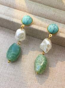 1pair Women's Fashion Bohemian Simulated Turquoise & Cracked Texture Resin Asymmetrical Faux Pearl Pendant Earrings