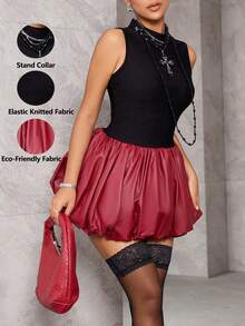 TSUTAYA Colorblock PU Leather Sleeveless Mini Bubble Hem Party Clubwear Dress - Red and Black - View 1