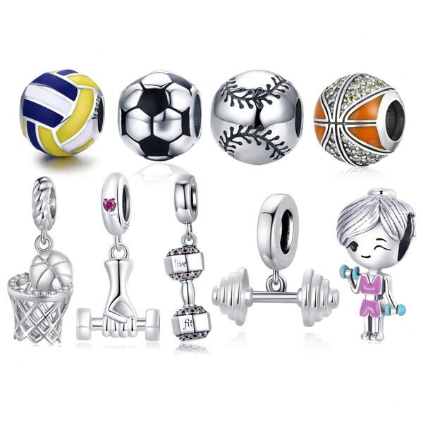 bamoer 1 pieza Colgante de plata de ley 925 con diseño de balón de deportes como mancuerna, balón de voleibol, balón de fútbol para hacer pulseras y joyería DIY para mujeres