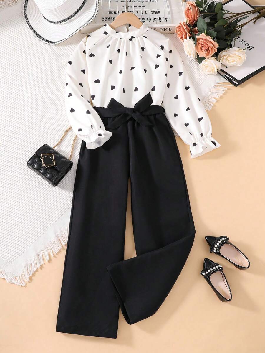 Left Mama Tween Girl Lovely Heart Print Long Sleeve Stand Collar Top And Straight Leg Pants Set, Suitable For Spring And Autumn