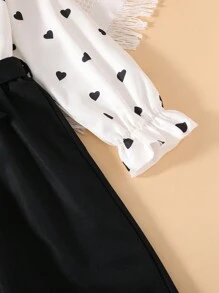 Left Mama Tween Girl Lovely Heart Print Long Sleeve Stand Collar Top And Straight Leg Pants Set, Suitable For Spring And Autumn