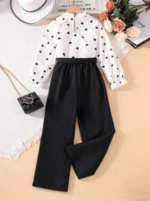 Left Mama Tween Girl Lovely Heart Print Long Sleeve Stand Collar Top And Straight Leg Pants Set, Suitable For Spring And Autumn