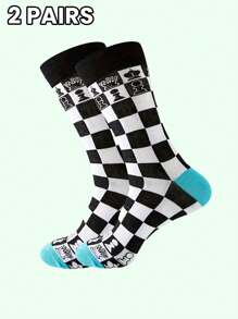 1/2 Pairs Of Chess Printed Mid-Tube Socks Comfortable Breathable Checkerboard Socks Fun Socks With Personalized, Fall - Multicolor - View 8