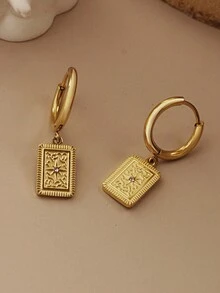 2 件简约八角星形吊坠耳环，时尚方形吊坠耳环适合女性日常佩戴 - 金黃色 - 查看 2