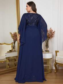 Plus Size V-Neck Flare Sleeve Sequin Patchwork Evening Dress (Heavily Embellished), Semi Formal Prom Dress, For Birthday, Wedding Guest, Graduation Homecoming, Party Dress