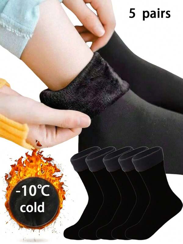 1/3/5 Pairs Men Mid-Calf High Elasticity Warm Socks, Suitable For Daily Wear In Autumn/Winter, Solid Color With Thermal Lining
