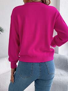 Casual Vacation Crew Neck Colorblock Striped Long Sleeve Pullover Sweater, Autumn/Winter - Hot Pink - View 2
