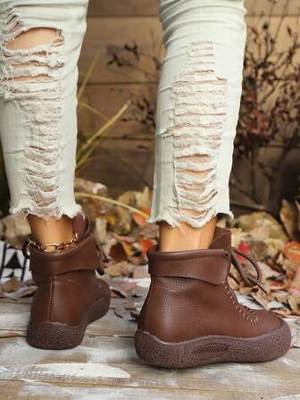 Fall/Winter Women's Vintage Handmade Casual Thick Bottom Soft Sole Brown Leather Lace-Up Short Boots, Comfortable Anti-Slip For Spring And Autumn,Boots For Women