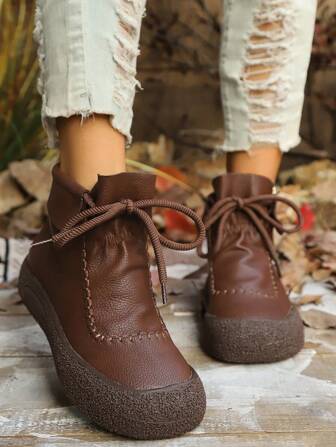 Botas cortas de cuero marrón con cordones, suela gruesa y suave, estilo vintage hecho a mano para mujer, cómodas y antideslizantes para otoño e invierno