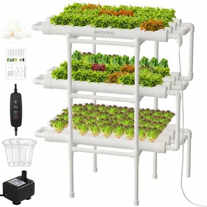 BHTNYOO Kit de sistema de plantación hidropónica de 3 plantas / 108 lugares alimentos tubo de PVC cultivo sin suelo jardín herramientas de plantación de verduras y hierbas con bomba de agua, cronómetro, cesta de plantación, esponja de plantación